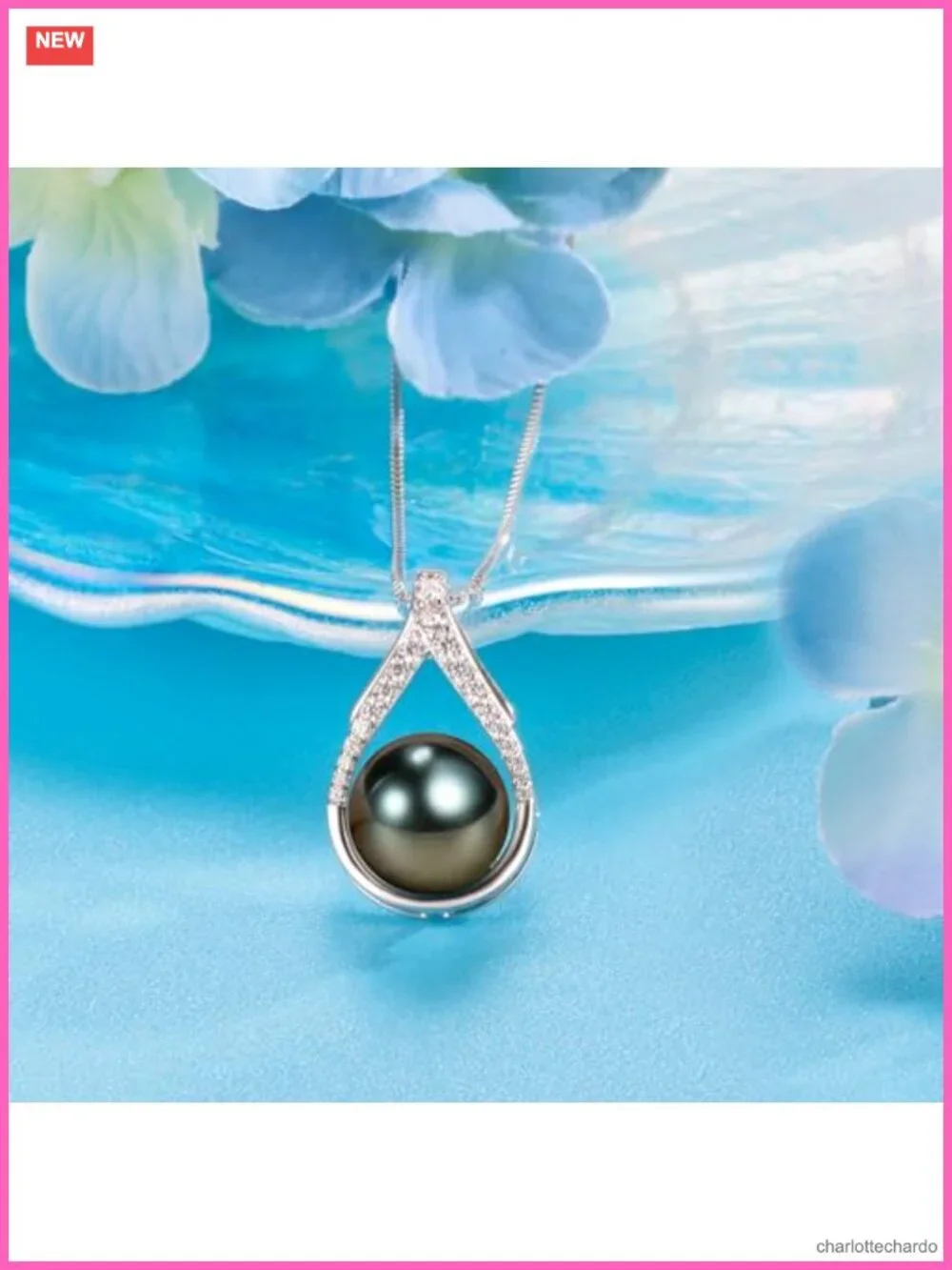 Tahitian Pearl Necklace 18k Gold Plated Sterling Silver, Round Pearl Pendant